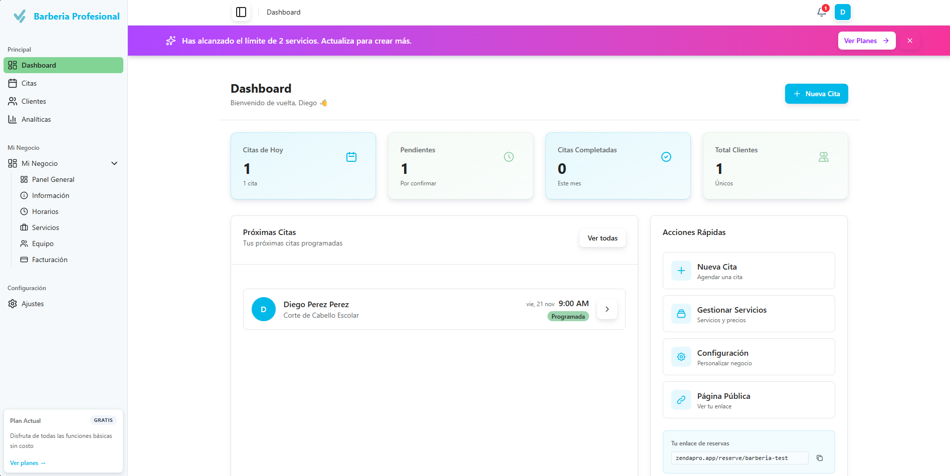 Panel de control ZendaPro mostrando agenda de citas, calendario y gestión de clientes para negocios
